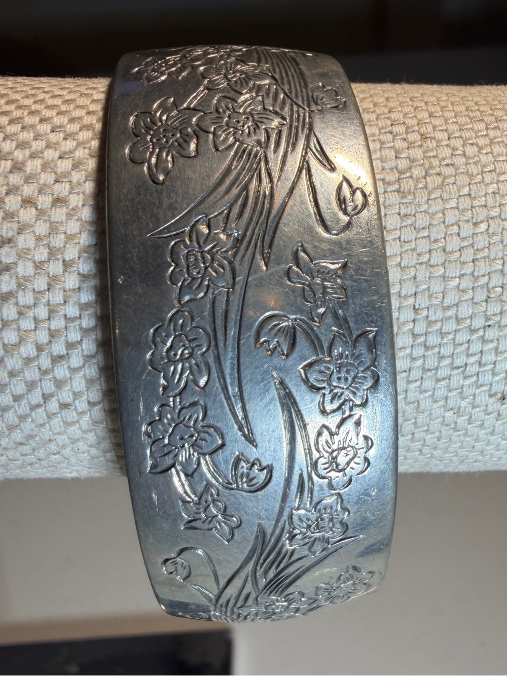 Vintage Pewter Cuff Bracelet with Etched Narcissus Floral Design by Kirk Stieff